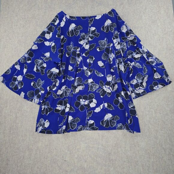 Lane Bryant Womens Floral Top Royal Blue Size 26/28 Polyester Bell Sleeve - Picture 2 of 9